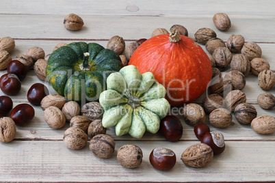 Still life with products of autumn - pumpkins, gourds, nuts, che