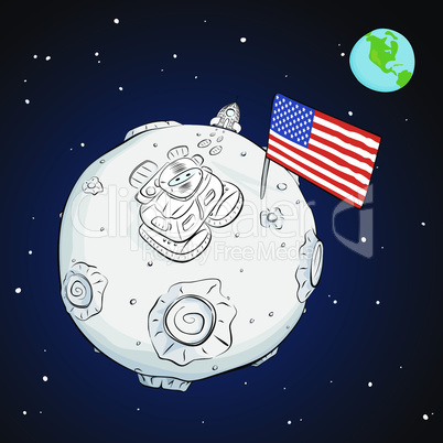 astronaut with flag USA on the moon color