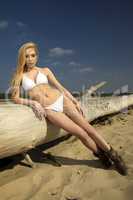 beautiful blonde woman in white bikini