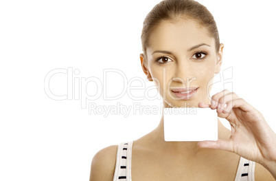 Attractive woman showing business card