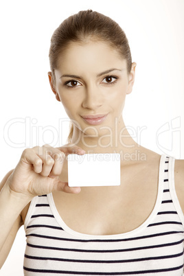 Beautiful smiling woman holding a membership card