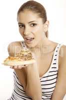 Young beautiful woman eat pizza