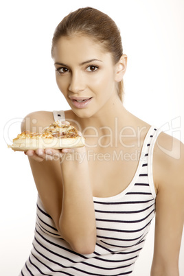 Young beautiful woman eat pizza