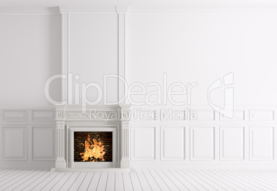 Empty classic white interior of a room with fireplace 3d renderi