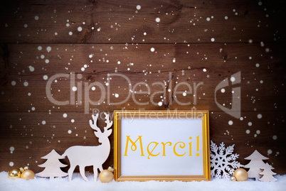 White And Golden Christmas Card, Snowflake, Merci Mean Thank You