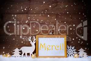 White And Golden Christmas Card, Snowflake, Merci Mean Thank You