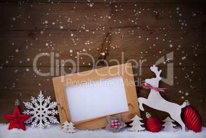 Red Christmas Card, Copy Space, Reindeer And Ball, Snowflakes