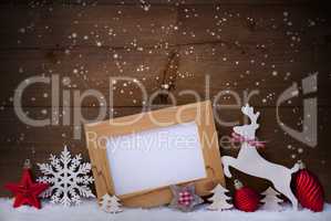 Red Christmas Card, Copy Space, Reindeer And Ball, Snowflakes