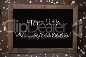 Chalkboard With Herzlich Willkommen Means Welcome, Snowflakes