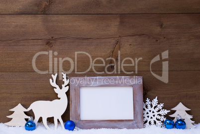 Christmas Card With Blue Decoration, Copy Space, Snow