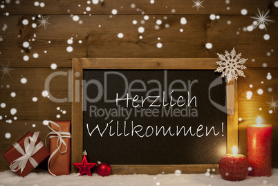 Christmas Card, Blackboard, Snowflakes,Willkommen Mean Welcome