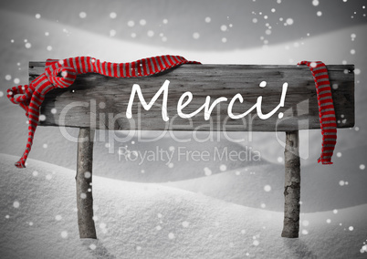 Christmas Sign Merci Means Thank You, Snow, Ribbon, Snowflakes