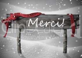 Christmas Sign Merci Means Thank You, Snow, Ribbon, Snowflakes