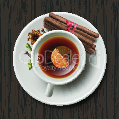 Christmas tea with spices, aromatic mulled wine, cup of tea, vector illustration.