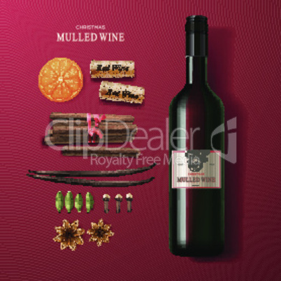 Christmas drink mulled wine, bottle of wine and ingredients, vector illustration.