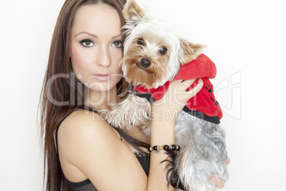 girl with cute yorkshire terrier dog