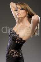 beautiful blond model in black dress