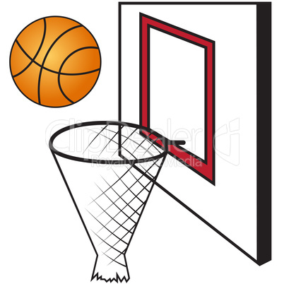 Basketball board with a basket and a ball