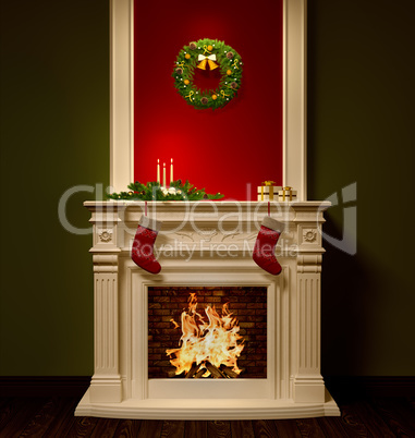 Christmas night interior with fireplace 3d rendering