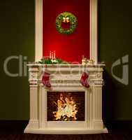 Christmas night interior with fireplace 3d rendering