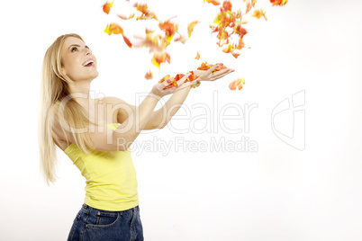 Beautiful blonde girl with the bouquet of tulips isolated on a w