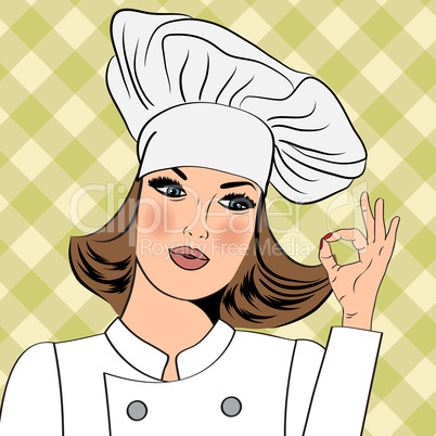 Sexy chef woman in uniform  gesturing ok sign with her hand