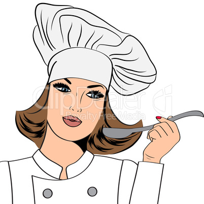 Sexy chef woman in uniform taste the food