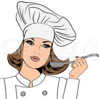 Sexy chef woman in uniform taste the food