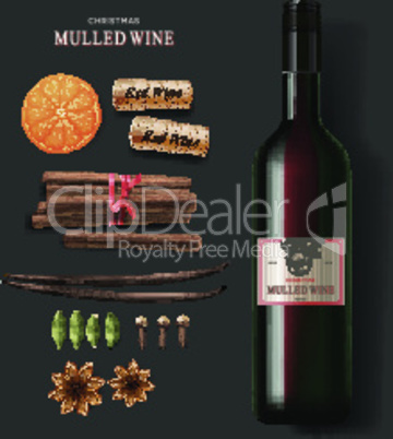 Christmas drink mulled wine, bottle of wine and ingredients, vector illustration.