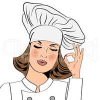 Sexy chef woman in uniform  gesturing ok sign with her hand
