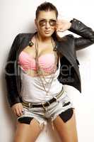 beautiful adult sensuality woman in black jacket and sunglasses