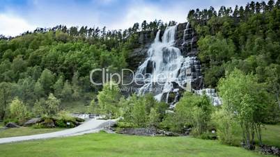 Aerial footage from Tvindefossen waterfall from the bird's-eye view, Norway