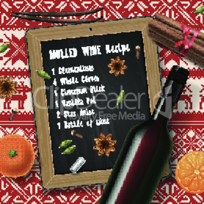 Christmas drink mulled wine, bottle of wine and recipe, vector illustration.