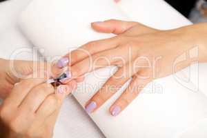 Manicure - Beautiful manicured woman's nails with violet nail po