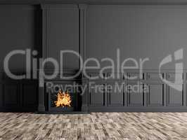 Empty classic interior of a room with fireplace over black wall