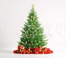 Interior of a room with christmas tree over white wall 3d render