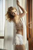 Young slim sexy topless woman in lingerie against the window