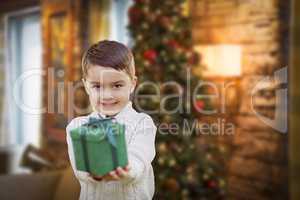 Mixed Race Boy with Christmas Tree Handing Gift Out Front