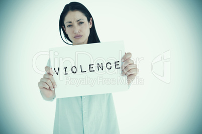 Composite image of sad woman showing sign