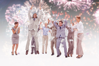 Composite image of very happy people with money falling from the