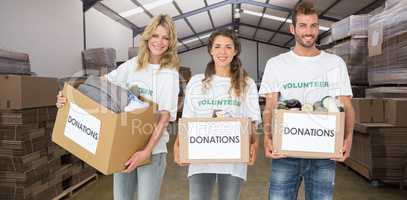 Composite image of portrait of three smiling young people with d