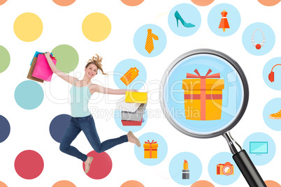 Composite image of excited blonde jumping while holding shopping