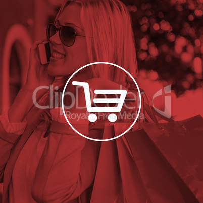 Composite image of pretty blonde talking on phone holding shopping bags
