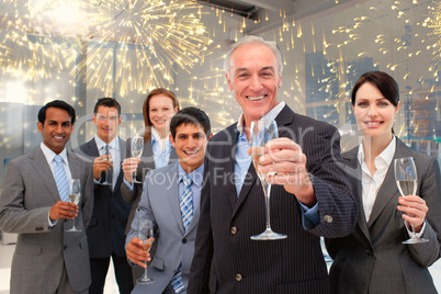Composite image of happy diverse business group toasting with ch