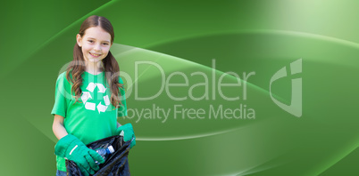 Composite image of happy little girl collecting rubbish