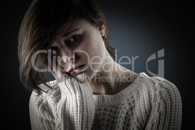 Composite image of pretty brunette feeling sad