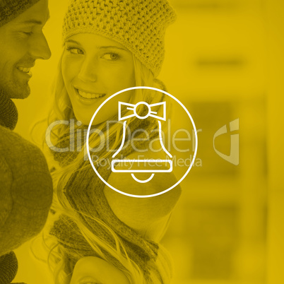 Composite image of couple in warm clothing hugging