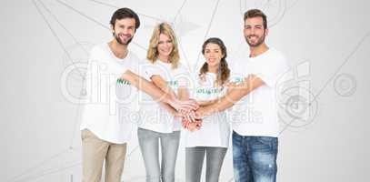 Composite image of group portrait of happy volunteers with hands