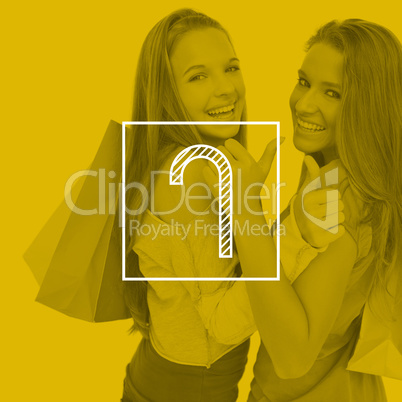 Composite image of rear view of two young women the thumbup with shopping bags