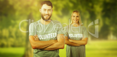 Composite image of portrait of cheerful volunteer in office